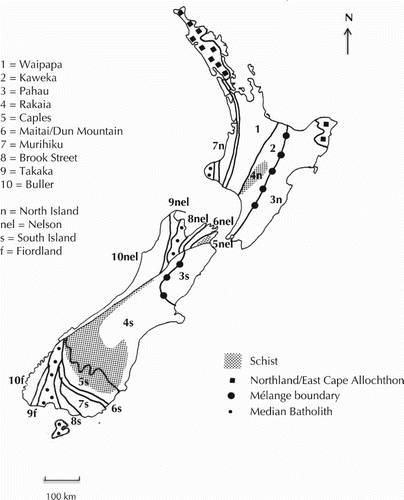 Figure 1. Locality Map showing New Zealand basement terranes.