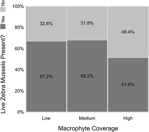 Figure 4. Macrophyte coverage and presence of live Zebra Mussels on the lake bed in 0.25 m2 quadrats.