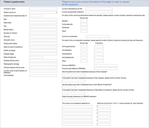 Figure S1 Patient questionnaire.Abbreviations: RA, rheumatoid arthritis; NSAID, nonsteroidal anti-inflammatory drug; DMARD, disease-modifying antirheumatic drug.