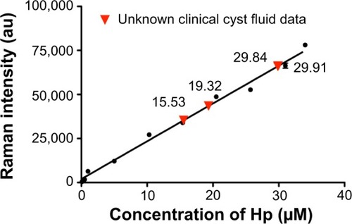 Figure 3 Calibration plot for different concentrations of Hp present in the Hb–Hp complex based on the intensity of 1,605 cm−1 peak and the interpolation of unknown Hp concentration of cyst fluid from the calibration plot.Abbreviations: Hp, haptoglobin; Hb, hemoglobin.