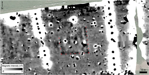 Figure 10. Magnetometry dataset from the battlefield of Waterloo showing rectilinear anomaly outlined in red, which was revealed to be the remains of a 19th-century brick structure upon excavation (Bosquet et al. forthcoming Citation2023).