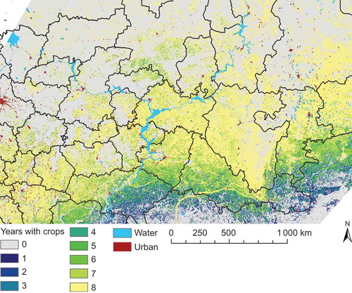 Figure 8. The number of years with crops between 2002 and 2009. Yellow pixels are cropped every year during the 8-year period from 2002–2009. Other colours indicate at least one fallow year during this period. There is a north–south gradient, with pixels in the south indicating more fallow years than northerly pixels.