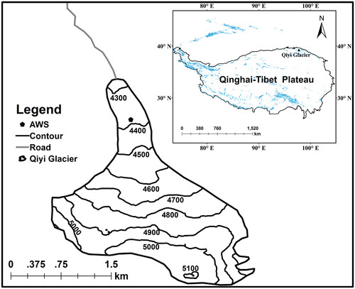 FIGURE 1. Sketch map of the Qiyi Glacier. The contour interval is 100 m.