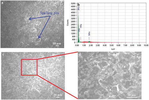 Figure 7. SEM images of worn surfaces of B4C (a) and B4C-SiC (c-d) ceramics at 20 N. EDS analysis of Figure 7 (a): (b).