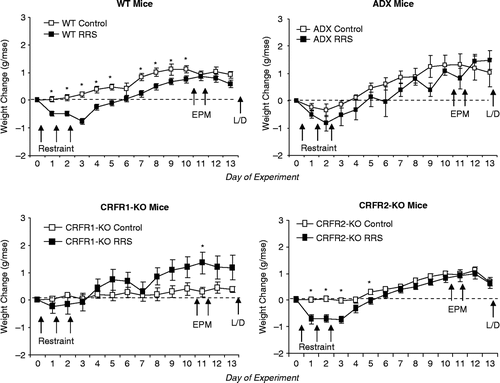 Figure 1.  Change in body weight from the morning before the first restraint (day 0). Data are mean ± SEM for groups of 9 to 22 mice. The WT mice represent combined groups of WT from CRFR1-KO and CRFR2-KO colonies. Asterisks indicate days on which there was a significant difference in weight change between Control and RRS mice. ADX, adrenalectomised and corticosterone replacement; CRFR, corticotropin releasing factor receptor; EPM, elevated plus maze exposure; KO, gene deletion; L/D, light/dark choice test; RRS, daily restraint stress for 3 days; WT, wild type.