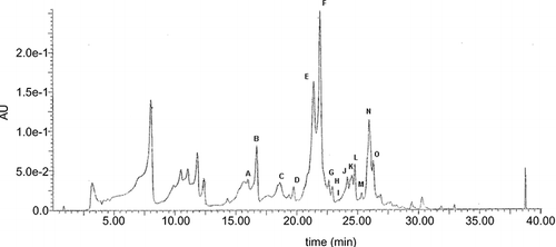Figure 1 Typical HPLC chromatogram of honey flavonoids. EtE obtained as described under Materials and Methods was dissolved in DMSO, diluted in methanol, and analyzed by HPLC/MS. Peaks: luteolin (A), quercetin (B), 8-methoxykaempferol (C), apigenin (E), kaempferol (F), isorhamnetin (G), acacetin (J), tamarixetin (K), chrysin (N), and galangin (O). Peaks D, H, I, L, and M are unidentified compounds.