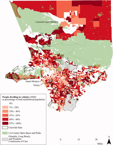 Figure 3. Vehicular homelessness by census tract (2020) as a percentage of total unsheltered population.