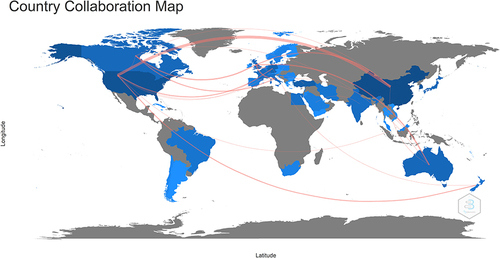Figure 3 Geographic contribution map based on the total publications of different countries.