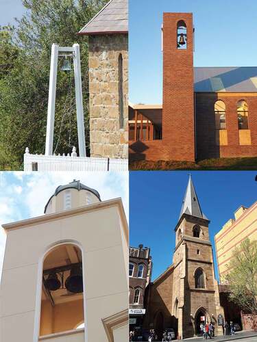 Figure 2. Examples of church bells. clockwise from top left: campanile bell at tomago house and chapel, tomago, NSW; Single tower bell at St Mary and pope kyrillos Coptic orthodox church, cundletown, NSW; Bell tower housing diatonically tuned set of bells at Christ Church St Laurence Anglican church, Sydney; multiple tower bells at St Nicholas Greek Orthodox Church, Marrickville, NSW (all photos M Parker).