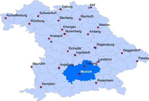 Figure 2. Overview of all Bavarian cities with a university (of applied sciences).Note: In this map of Bavaria with county boundaries, all cities with a university (of applied sciences) are named and marked with a star. Each university (of applied sciences) is shown with a dot. The labour market region (LMR) of Munich is highlighted (in dark shading).