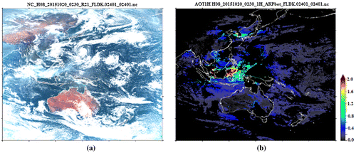 Figure 4. (a) Himawari-8 geostationary satellite delivers aerosol data every 10 min with 5 km resolution. (b) Hot spot detection and forest fire monitoring are conducted using other low Earth orbiting satellites, together contributing to estimates of particulate matter (Credit: JAXA and Earth Observation Research Center (EORC)).