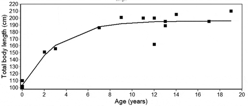 Figure 5. Gompertz growth curves for males of Stenella coeruleoalba. Growth parameters are given in the text