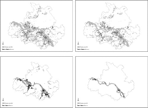 Figure 1. Inundated properties during the flooding events in 2002 and 2013.Note. This figure shows affected properties in Dresden during the flooding events in 2002 (left) and 2013 (right). The first row presents properties of our dataset and the second row the general building development in inundation areas obtained by OpenStreetMap.