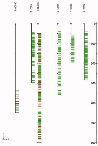 Figure 3. Geochemical identified higher uranium grades (above 4.5 ppm—red) and with neural network predicted additional 1 m segments with uranium contents above 4.5 ppm (green); the depth scale is on the right in metres.