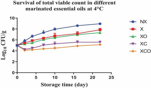 Figure 1. Population increase of Total viable counts (log10 CFU/g ± SEM) in different marinated essential oils samples after storage for 0, 2, 4, 7, 10, 16, and 22 days at 4°C. NX-Non marinated, X- Marinated, XO- Marinated +Oregano oil, XC- Marinated +Citrox, XCO- Marinated + Citrox+ Oregano oil.