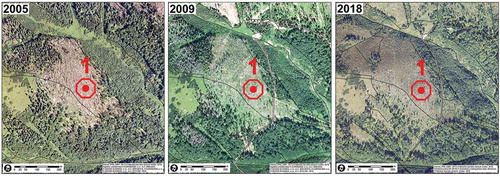 Figure 11. Aerial photographs of the locality 1 from years 2005, 2009 and 2018 (source: NAPANT, own creation)