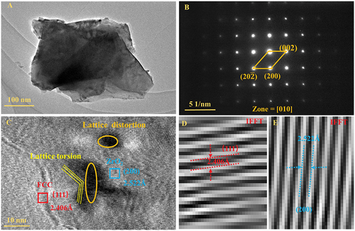 Figure 6. TEM analysis of the 1700°C samples: (A) BF-STEM image of the samples; (B) Spectral Array of Electron Diffraction (SAED) image under the [010] crystallographic band axis; (C) High Resolution Transmission Electron Microscopy (HRTEM) image; (D) and (E) IFFT images of the FCC phase and the ZrO2 phase, respectively.