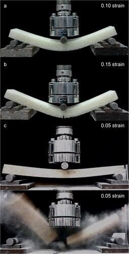 Figure 8. Flexural test specimen failure (a) LD40 one-layered. (b) LD40 with interface. (c–d) Reprocell 500 one-layered - d is the immediate frame following c, showing sudden brittle failure.