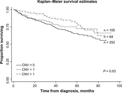 Figure 2 Kaplan–Meier plots of time (months) and REC/SPT-free survival in HNC patients according to GSTM1 CNV.