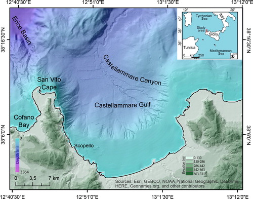 Figure 1. Location map showing the physiography of the study area along the north-western Sicily margin.