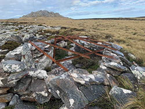 Figure 8. Roofed structure in southern fringe of stone field. Mount William behind to south-east. Note open and exposed nature of ground to south of Tumbledown.
