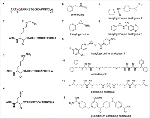 Figure 2. Structures of recently developed LSD1 inhibitors: (1–4) peptide based; (5–8) tranylcypromine-based; (9–12) oligoamine-based.