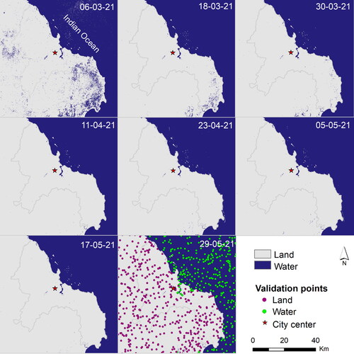 Figure 8. Binarized Sentinel-1 images of a few dates that fully cover Dar es Salaam in 2021. The randomly generated validation points are included in the last map.