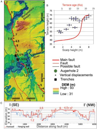 Figure 4. A, Topographic map compiled from detailed RTK-GPS study and LiDAR around the Westlake and Madill trenches on the Te Poi segment of the Kerepehi Fault, demonstrating the progressive displacement of terraces cut by the Mangawhero Stream and the Waihou River. The colour coding of the DEM is given in metres above mean sea level (asl). Black numbers are fault scarp heights (m). Coordinates are New Zealand transverse Mercator projection. B, Plot of terrace height (asl) versus fault throw (scarp height; blue points) on the hanging wall of the Kerepehi Fault. Younger (lower) terraces show less displacement (scarp height) because they have been ruptured by fewer paleoearthquakes, whereas older terraces show larger cumulative scarp heights. The displacement on successively higher and older terraces increases by about 1.5 m which we assume to be the single-event displacement of paleoearthquakes on this segment of the fault. Plot also shows a terrace age (from literature and field data, see text) v. terrace height curve (red line). The curve shows there was very rapid down-cutting after the formation of the aggradation surface at about 20 ± 2.5 ka , but down-cutting slowed down dramatically after c. 16 ka . Note that the two x-axes of the plot do not correlate with each other. C, Topographic profiles along the fault on the footwall and hanging wall with measured throw (scarp heights; red numbers in metres) along the fault. Note the increase of fault throw for similar height terraces towards the NW.
