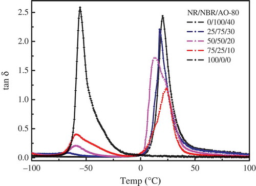 Figure 2. Temperature dependence of loss tangent (tanδ) for NR/NBR/AO-80 composites with various NR/NBR/AO-80 mass ratios.