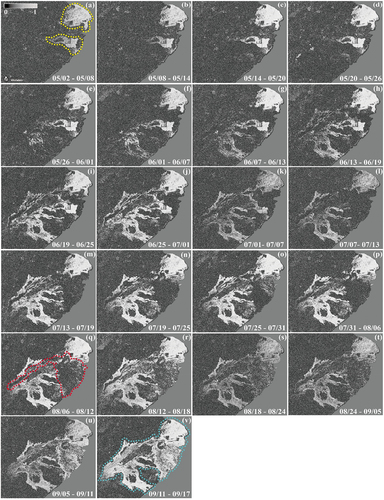Figure 3. A time series of coherence maps showing lava flow from periods before and after the eruption. The data in each inset indicate the interferometric pair used for generating the coherence map. The lava flow area over time is clearly detected by high coherence values. The yellow dotted polygons in (a) indicate the previously erupted lava area. The red dotted polygon in (q) indicates partial coherence degradation despite the termination of volcanic activity. The cyan dotted polygon in (v) shows the entire lava flow area, including the past lava flow area.