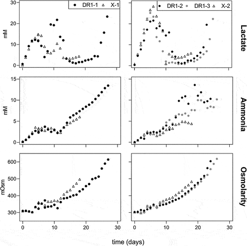 Figure 2. Lactate and ammonia in mM and osmolarity in mOsm for death-resistant cell line 1 (DR1, filled circles) and control (X, empty triangles) cell lines in fed-batch cultures over time. Results for runs 1 and 2 are displayed on the left and right sides, respectively.