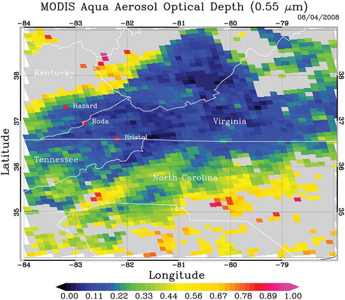 Figure 1. Particulate matter measurements during August 3–14, 2008, were conducted at two locations in Roda, VA, at the Campbell site (a mine site) and at the Willis site (a site close to the haul road). The air quality and meteorology data from the two closest stations to the Roda, VA, used in this study include Bristol, TN, and Hazard, KY. The Aqua MODIS aerosol optical depth at 550 nm on August 4, 2008, is also shown.