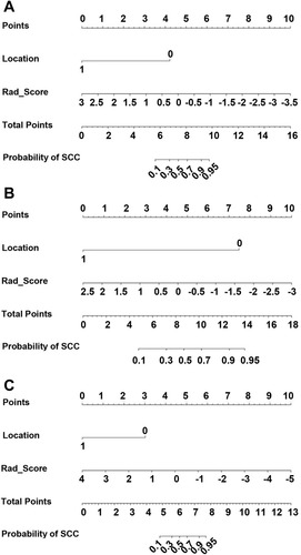 Figure 5 Nomograms developed using the training cohort of stage I (A), II (B), and III (C). The nomogram incorporates the Rad_Score and clinical risk factors.