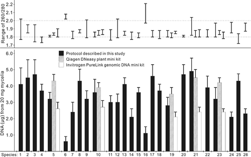 Fig. 1. Quantity and range of the 260/280 ratio for genomic DNA extracted from 20 mg of spores (species 6 and 16) or mycelium (all others) of 26 fungal species, using the protocol developed in the current study and two commercial genomic DNA kits (n = 10). The fungal species are: 1, Alternaria alternata; 2, A. brassicae; 3, A. brassicicola; 4, A. raphani; 5, Botrytis cinerea; 6, Cladosporium sp.; 7, Colletotrichum truncatum; 8, Cyathus olla; 9, Fusarium avenaceum; 10, F. graminearum; 11, F. oxysporum; 12, F. solani; 13, Gliocladium roseum; 14, Mycosphaerella pinodes; 15, Myrothecium verrucaria; 16, Penicillium sp.; 17, Periconia sp.; 18, Phanerochaete chrysosporium; 19, Pyrenophora tritici-repentis; 20, Pythium pythioides; 21, P. ultimum; 22, Rhizoctonia solani; 23, Stagonospora nodorum; 24, Streptomyces sp.; 25, Trichoderma harzianum; 26, Verticillium albo-atrum.