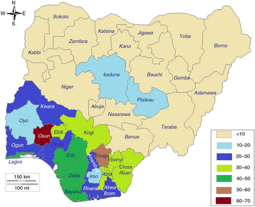 Fig. 5 Mapping of prevalence of modern contraception use among sexually active adolescents by state, Nigeria.Source: 2013 Demographic and Health Survey.