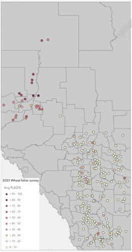 Fig. 1 Wheat disease survey locations, and percent leaf area damaged (PLAD) categories, in Alberta in 2023.