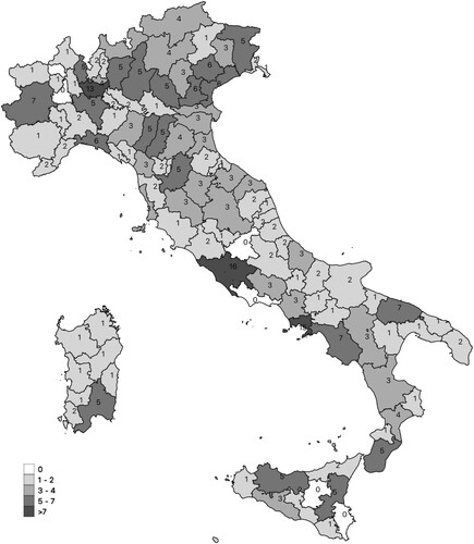 Figure 1. Distribution of collection sites in the Italian provinces (number of collection sites).Source: Elaboration on data of CNS (Citation2019).