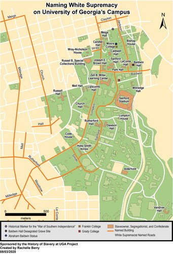 FIGURE 1 Map of buildings, markers, and roads named for white supremacists, slave owners, and/or segregationists on UGA’s campus produced as part of the History of Slavery at UGA research project.