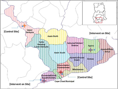 Figure 1. Location of the 4 study sites (Districts) in the central region of Ghana.