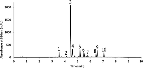 Figure 1. HPLC chromatograms of soluble phenolics from the C. maritimum extract. The profile was recorded at 320 nm. Peak numbers match those of Table 3.