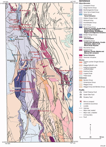 Figure 16. Volcanic successions of the northern central Lachlan Orogen. Volcanic sequences are in brightened colours on the map and in bold labels in the reference. Modified after Fitzherbert et al. (Citation2016).
