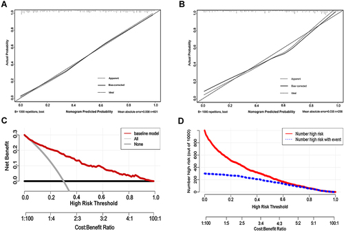 Figure 4 The calibration, DCA and CICA curves of the nomogram. (A) The calibration curve of the nomogram in the development cohort. (B) The calibration curve of the nomogram in the validation cohort. (C) The decision curve analysis (DCA) of the nomogram in the development cohort. The y-axis represents the net benefit and the x-axis represents the predicted probability of SARS-CoV-2 infection: a perfect prediction model (grey line), screen none (black line) and screen based on the nomogram (red line) (D) The clinical impact curve analysis (CICA) of the nomogram in the development cohort. The red line (number of high-risk individuals) is the number of people who are classified as positive by the model at each threshold probability, the blue line (number of high-risk individuals with event) indicates the number of true positives at each threshold probability.