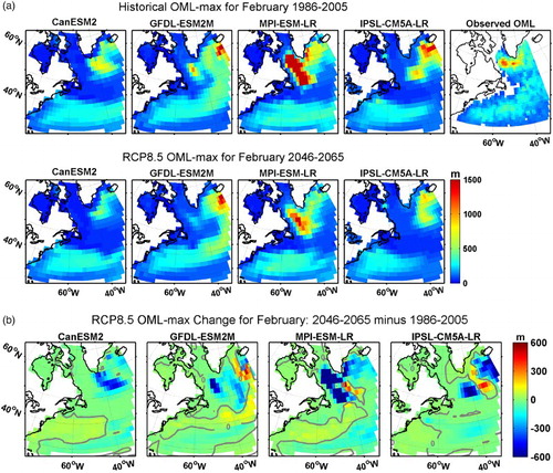 Fig. 17 (a) Bidecadal mean fields of OML-max in February from four ESMs for 1986–2005 from their historical simulations (top row) and for 2046–2065 from their RCP8.5 simulations (bottom row). The right panel in the top row shows an observational approximation to OML-max in February from Argo profiles during the 2002–2014 period. (b) Projected changes from 1986–2005 to 2046–2065 for the ESM fields in (a), with the 0 isoline shown in grey.