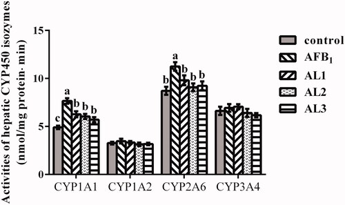 Figure 2. Effects of lycopene on hepatic cytochrome P450 isozymes activities in AFB1-exposed broiler chickens. Data are represented as mean ± SEM. Different letters above bars are significantly different (P < .05). AFB1, aflatoxin B1; Control, basal diet; AFB1, basal diet with 100 μg/kg AFB1; AL1, basal diet with 100 μg/kg AFB1 and 100 mg/kg lycopene; AL2, basal diet with 100 μg/kg AFB1 and 200 mg/kg lycopene; AL3, basal diet with 100 μg/kg AFB1 and 400 mg/kg lycopene. CYP1A1, cytochrome P450 1A1; CYP1A2, cytochrome P450 1A2; CYP2A6, cytochrome P450 2A6; CYP3A4, cytochrome P450 3A4.