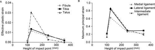 Figure 8. Strains of the main structures of ankle caused by anterior-posterior (A-P) impacts on points with different heights. (A) The maximal bone effective plastic strain caused by A-P impacts on the lower leg (height of 125 mm). (B) The peak ligaments’ maximum principal strain was also caused by impacts on the lower leg, indicating that A-P impacts on the lower leg may result in more serious injuries of both bones and ligaments than A-P impacts on other sites.