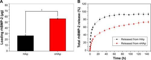 Figure 4 The amount of loaded rhBMP-2 on 1 g HAp and nHAp microspheres (A). Cumulative in vitro release curves of the HAp and nHAp microspheres over a period of 12 days (B). *Significant differences, P < 0.05.Abbreviations: HAp, hydroxyapatite; nHAp, nanostructured HAp; rhBMP-2, recombinant human bone morphogenetic protein-2.