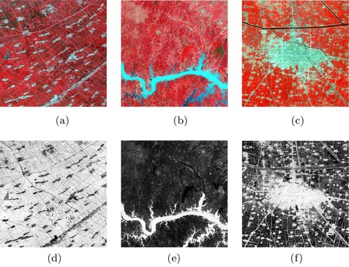 Figure 1. Original images and corresponding remote sensing indices: (a) Vegetation; (b) Water body; (c) Built-up land; (d) NDVI; (e) NDWI; (f) NDBI.