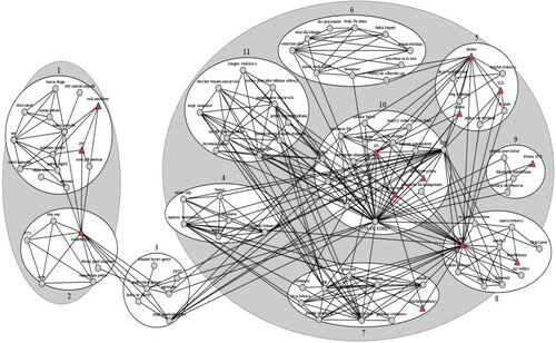 Figure 2. 2020 coalitional protests network. Red triangles – political parties.