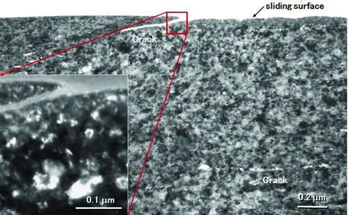 Fig. 7 Cross-sectional TEM image just under the sliding surface of section B of Fig. 2 (color figure available online).