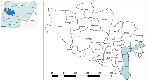 Figure 1. Nigeria map on left with Niger state marked, on right Niger state with two LGAs for chest indrawing pneumonia study.
